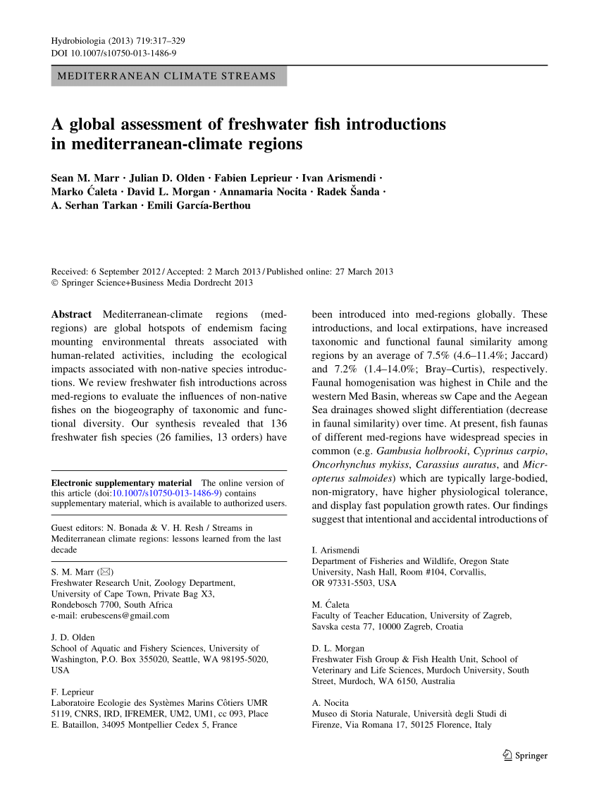 Pdf A Global Assessment Of Freshwater Fish Introductions In Mediterranean Climate Regions