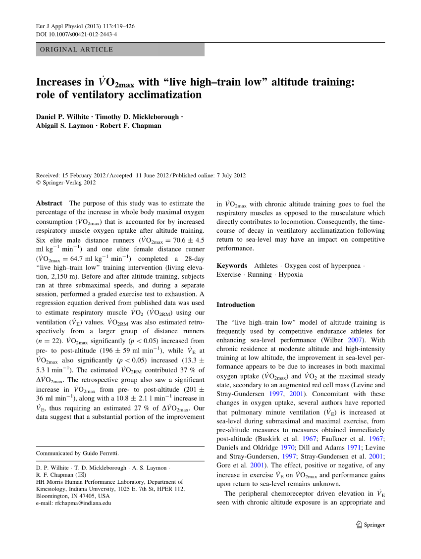 Pdf Increases In V O2max With Live High Train Low Altitude Training Role Of Ventilatory Acclimatization