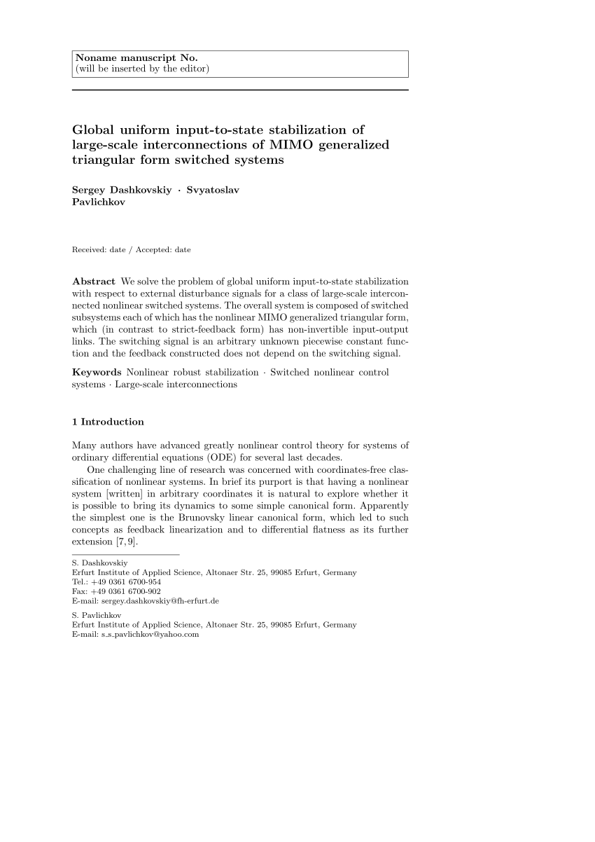 Pdf Global Uniform Input To State Stabilization Of Large Scale Interconnections Of Mimo Generalized Triangular Form Switched Systems