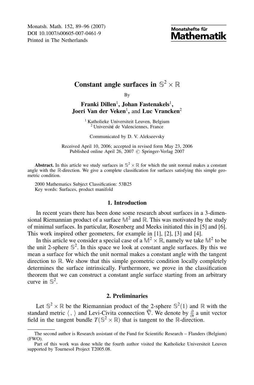 Pdf Constant Angle Surfaces In b S 2 Times b R