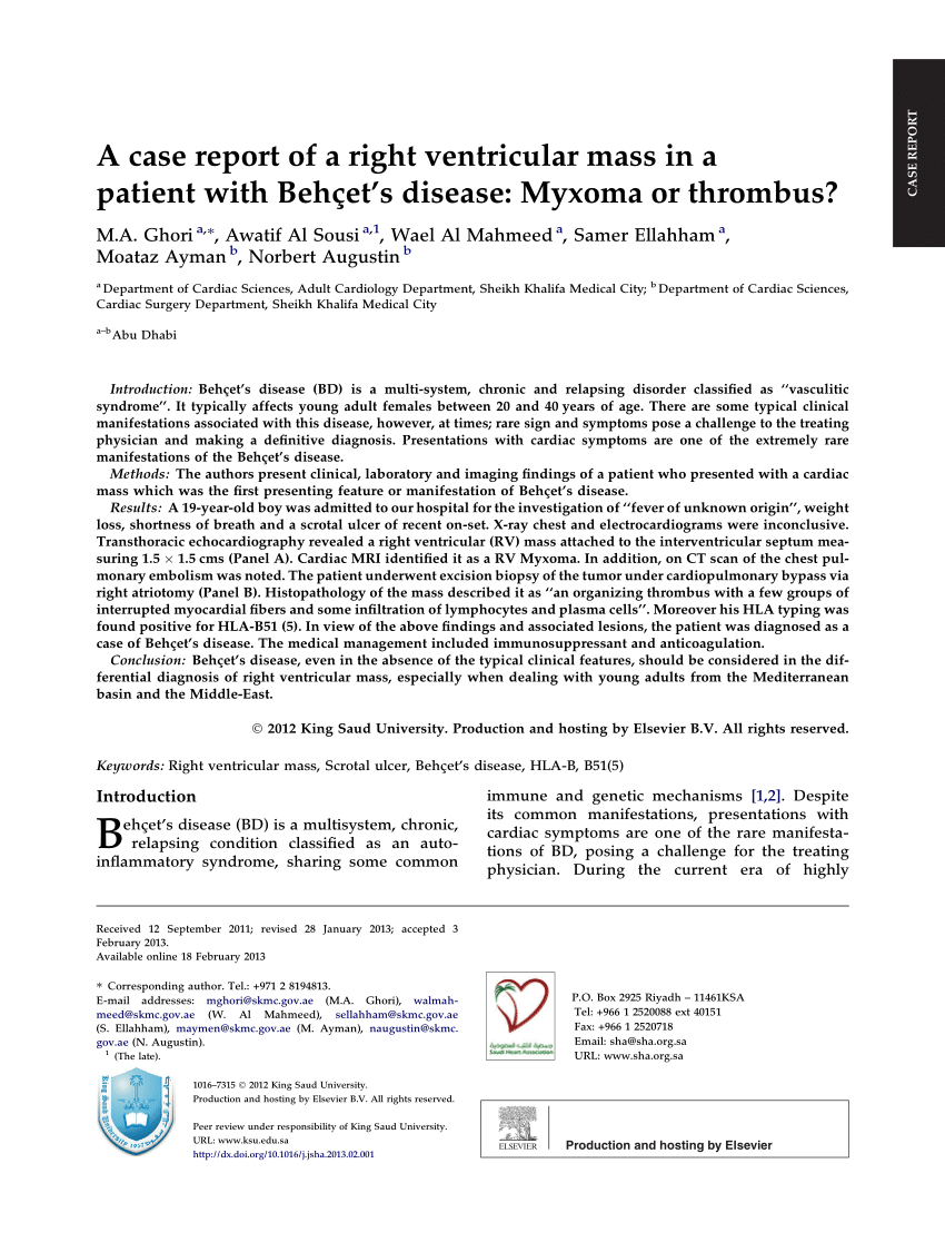 Pdf A Case Report Of A Right Ventricular Mass In A Patient With Behcet S Disease Myxoma Or Thrombus