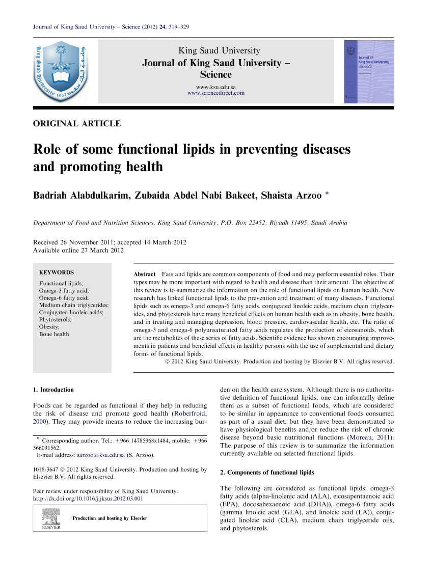 Pdf Role Of Some Functional Lipids In Preventing Diseases And Promoting Health