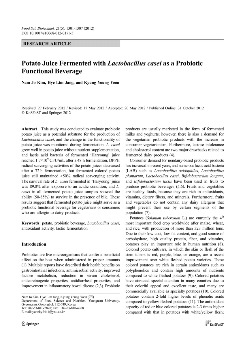 (PDF) Potato juice fermented with Lactobacillus casei as a probiotic ... - Largepreview