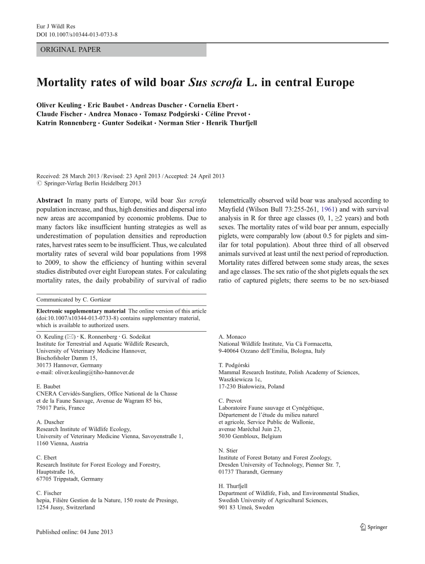 Pdf Mortality Rates Of Wild Boar Sus Scrofa L In Central Europe