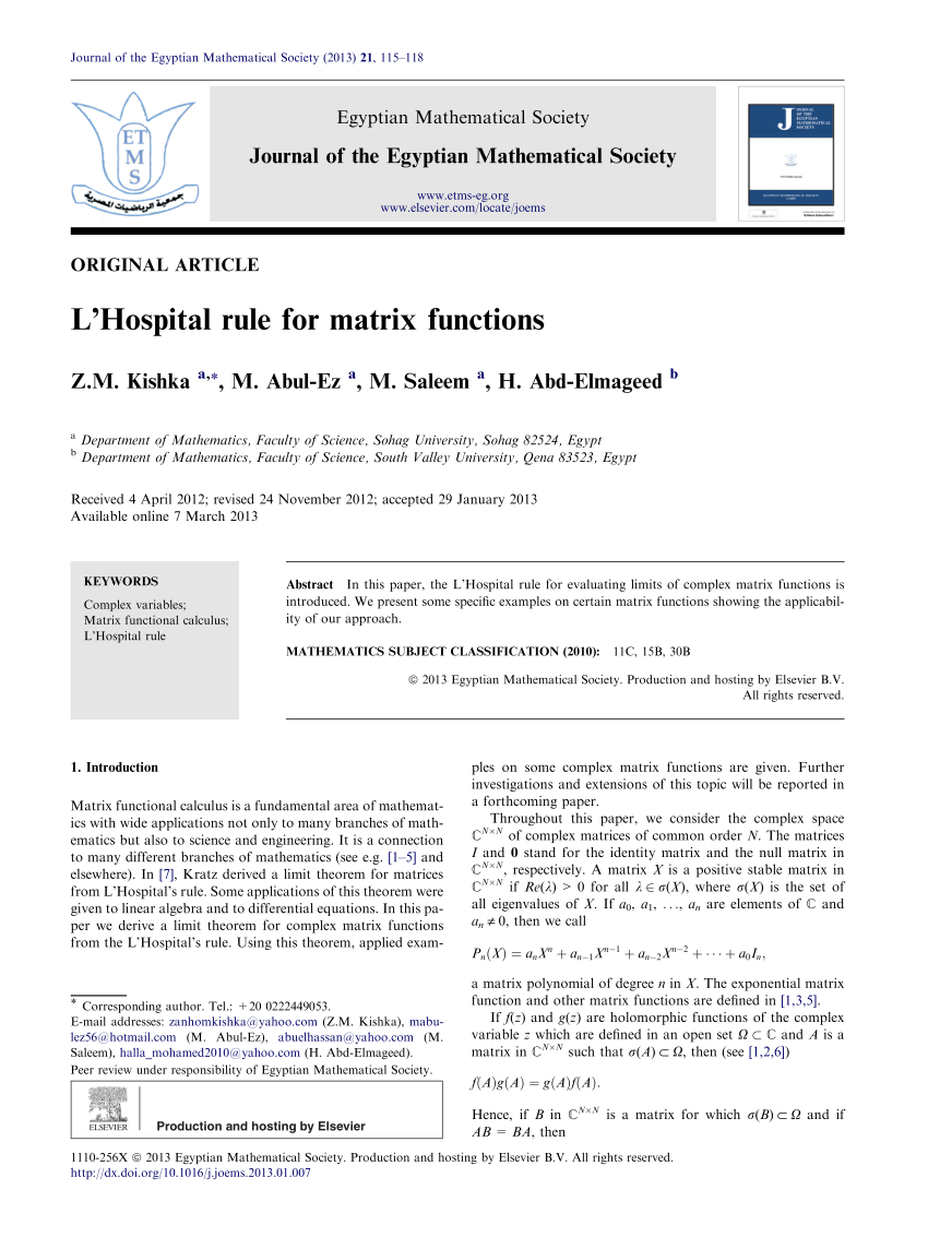 Pdf L Hospital Rule For Matrix Functions