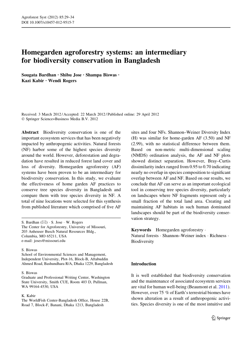 Pdf Homegarden Agroforestry Systems An Intermediary For Biodiversity Conservation In Bangladesh