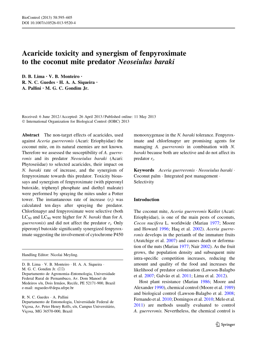 Pdf Acaricide Toxicity And Synergism Of Fenpyroximate To The Coconut Mite Predator Neoseiulus Baraki
