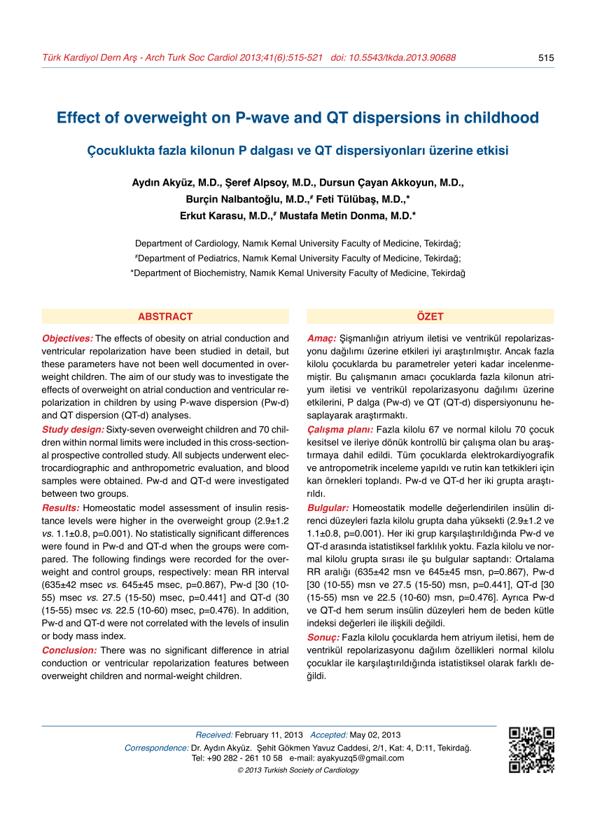 PDF Effect of overweight on P wave and QT dispersions in childhood 