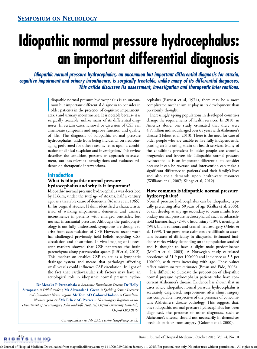 Pdf Idiopathic Normal Pressure Hydrocephalus An Important Differential Diagnosis 3567