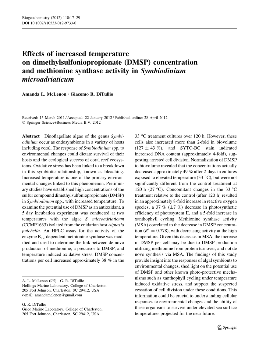 Pdf Effects Of Increased Temperature On Dimethylsulfoniopropionate Dmsp Concentration And Methionine Synthase Activity In Symbiodinium Microadriaticum