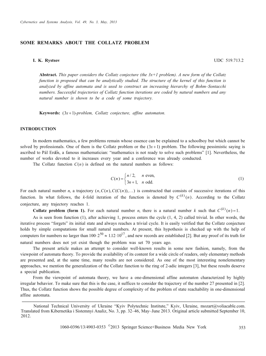 Pdf Some Remarks About The Collatz Problem