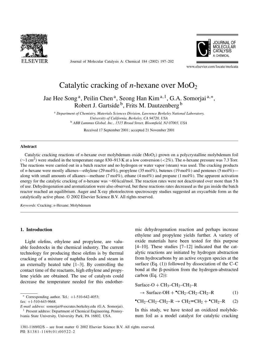 Pdf Catalytic Cracking Of N Hexane Over Moo2