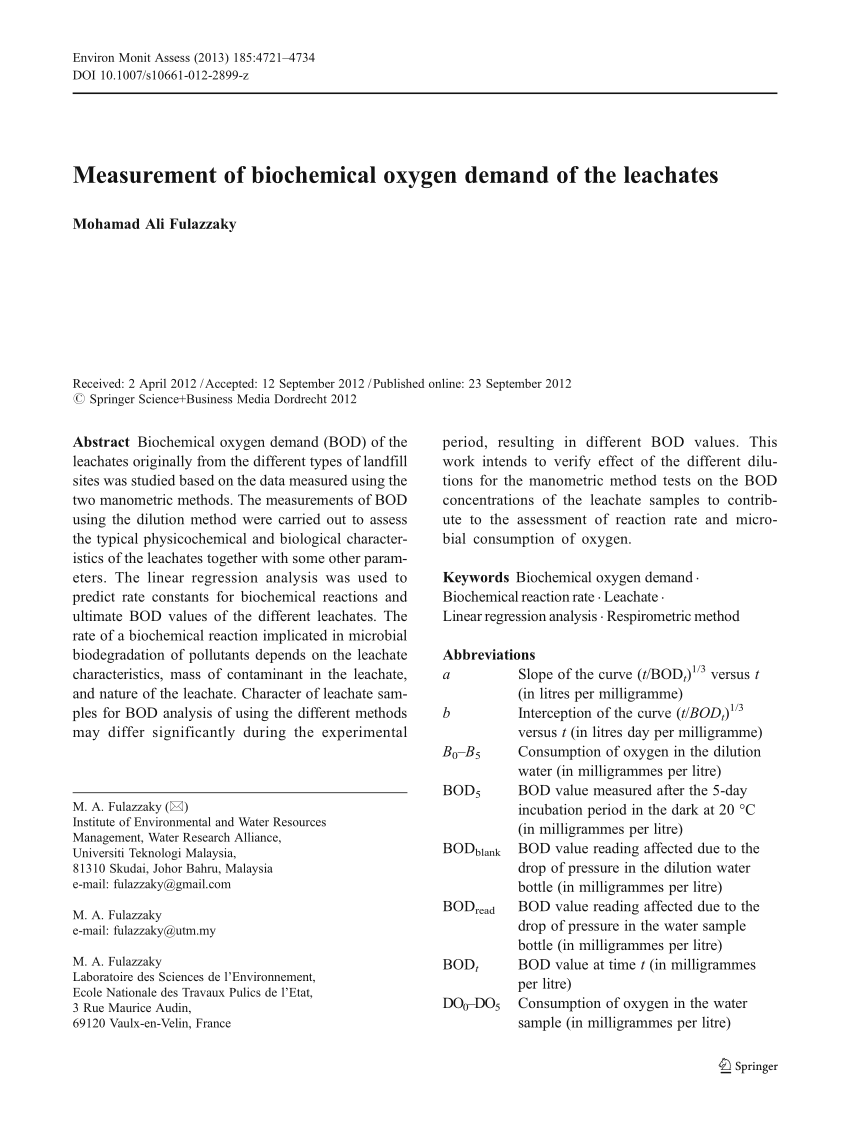 Pdf Measurement Of Biochemical Oxygen Demand Of The Leachates