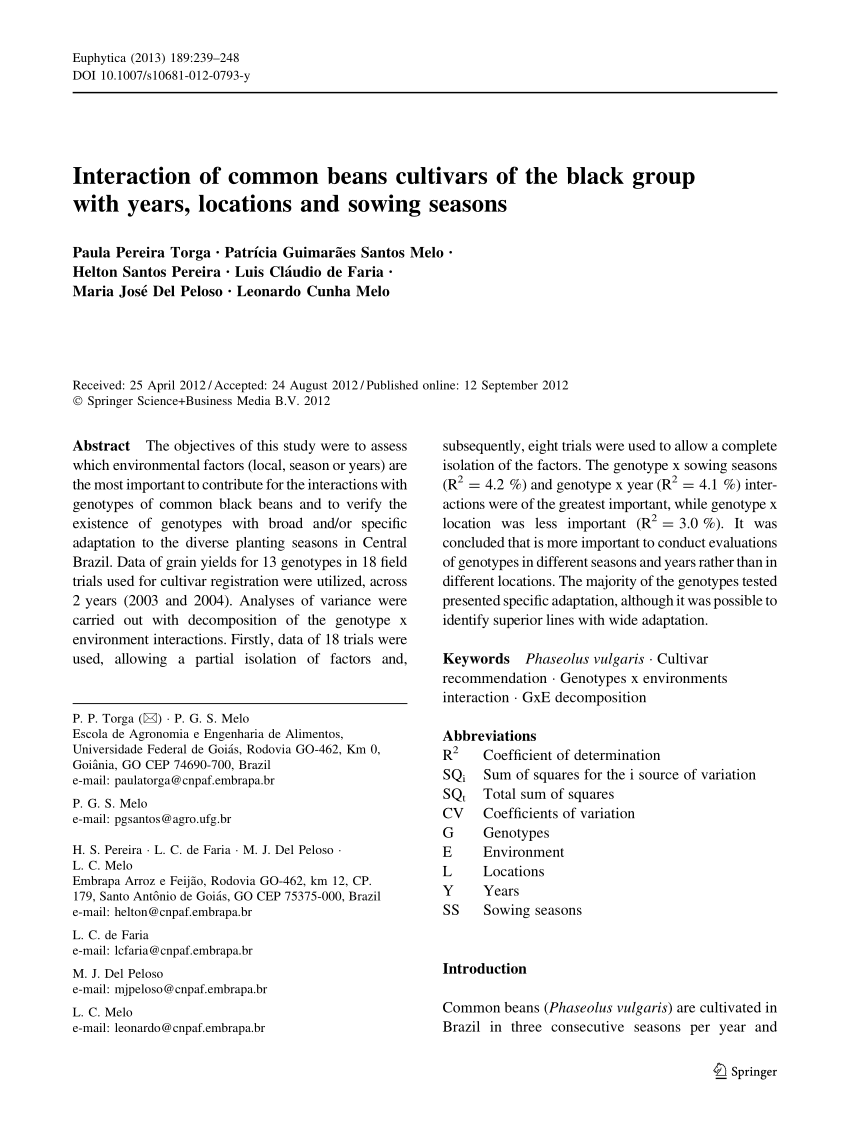 Pdf Interaction Of Common Beans Cultivars Of The Black Group With Years Locations And Sowing Seasons