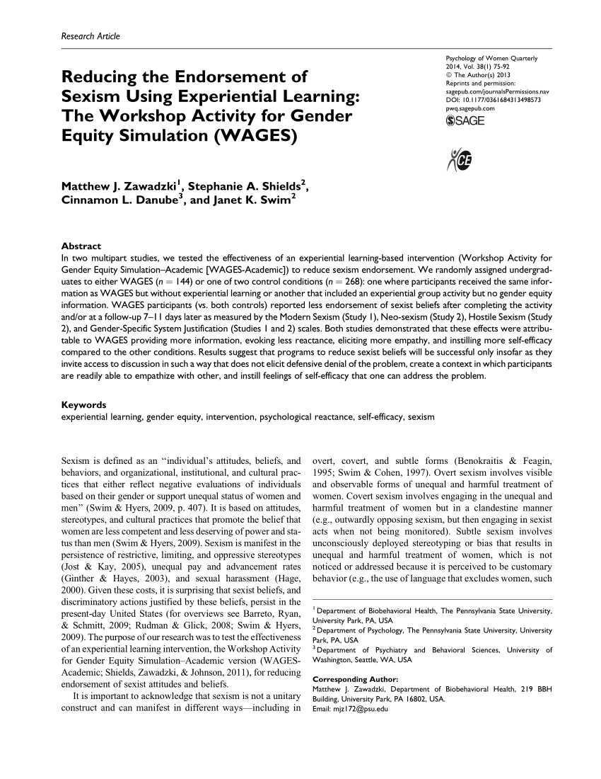 Pdf Reducing The Endorsement Of Sexism Using Experiential Learning The Workshop Activity For Gender Equity Simulation Wages