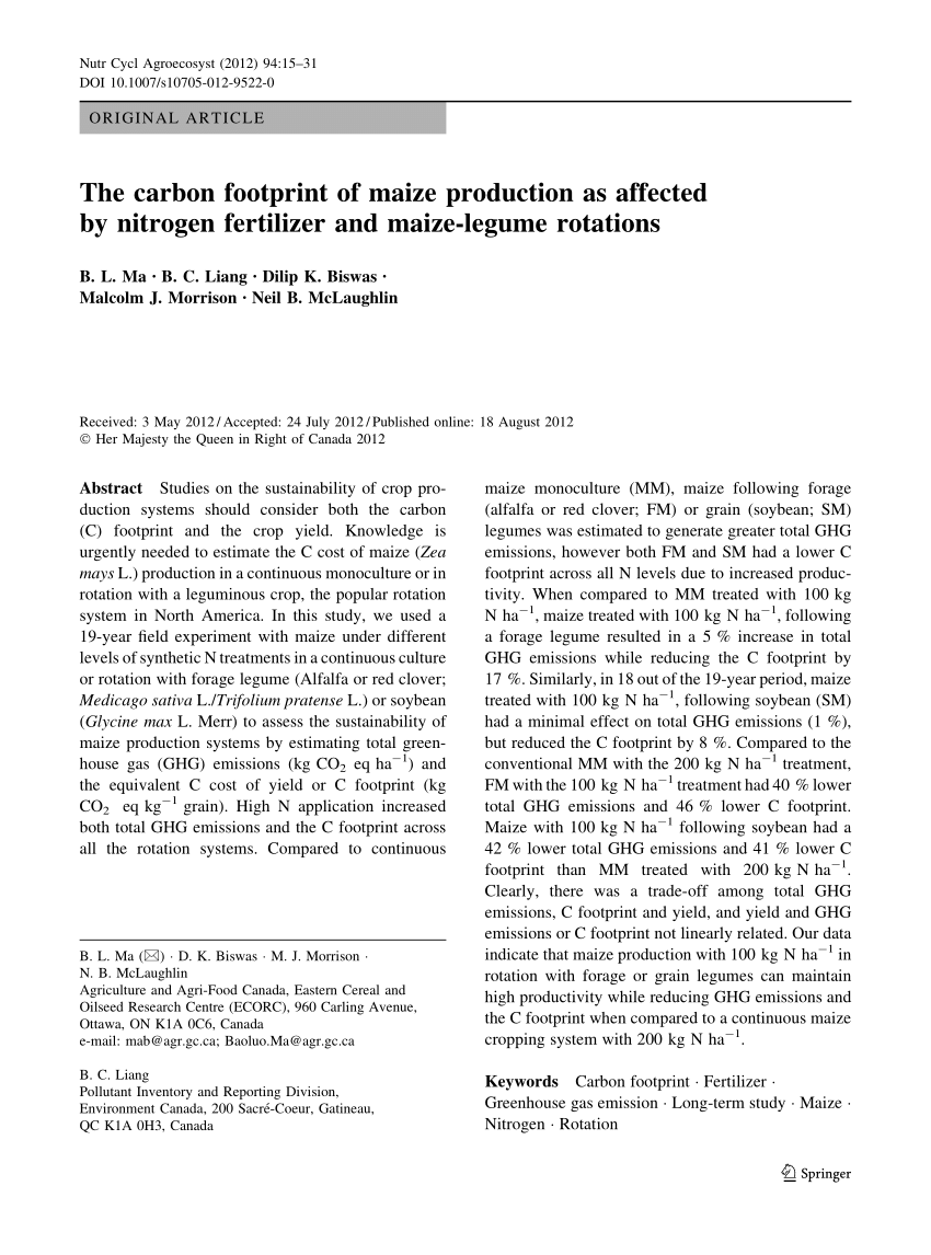 Pdf The Carbon Footprint Of Maize Production As Affected By Nitrogen Fertilizer And Maize Legume Rotations