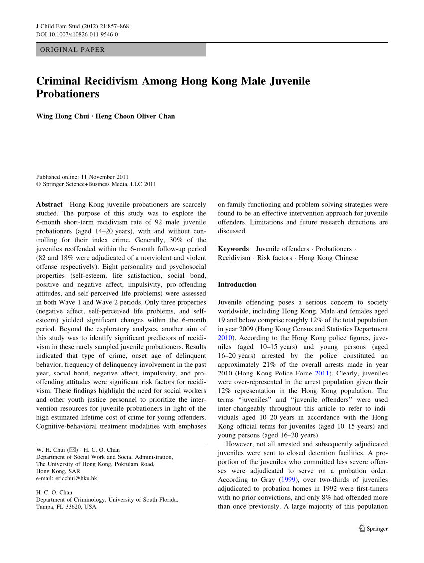 Pdf Criminal Recidivism Among Hong Kong Male Juvenile Probationers