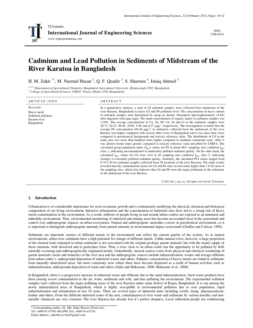 (PDF) Cadmium and Lead Pollution in Sediments of Midstream of ...