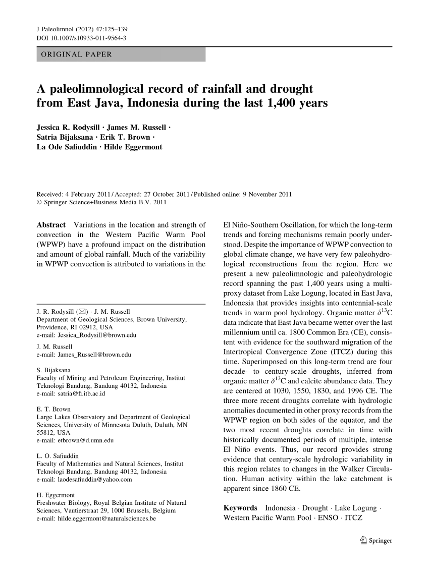 Pdf A Paleolimnological Record Of Rainfall And Drought From East Java Indonesia During The Last 1 400 Years