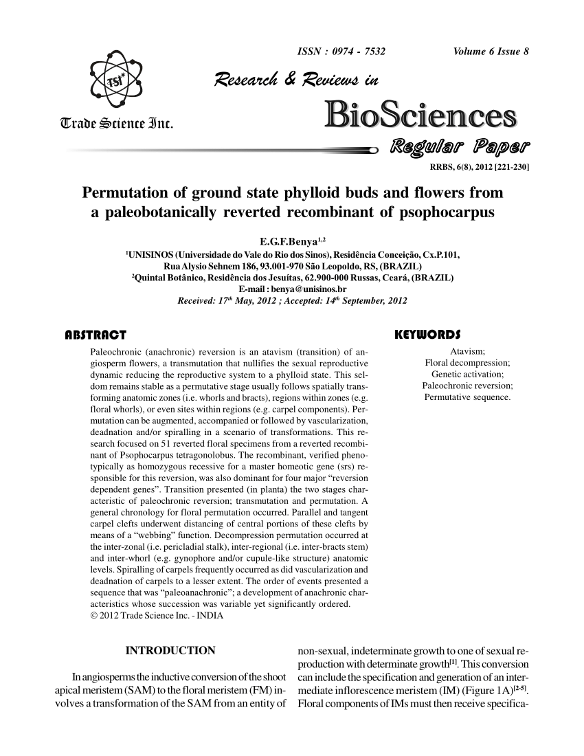 Pdf Permutation Of Ground State Phylloid Buds And Flowers From A Paleobotanically Reverted Recombinant Of Psophocarpus