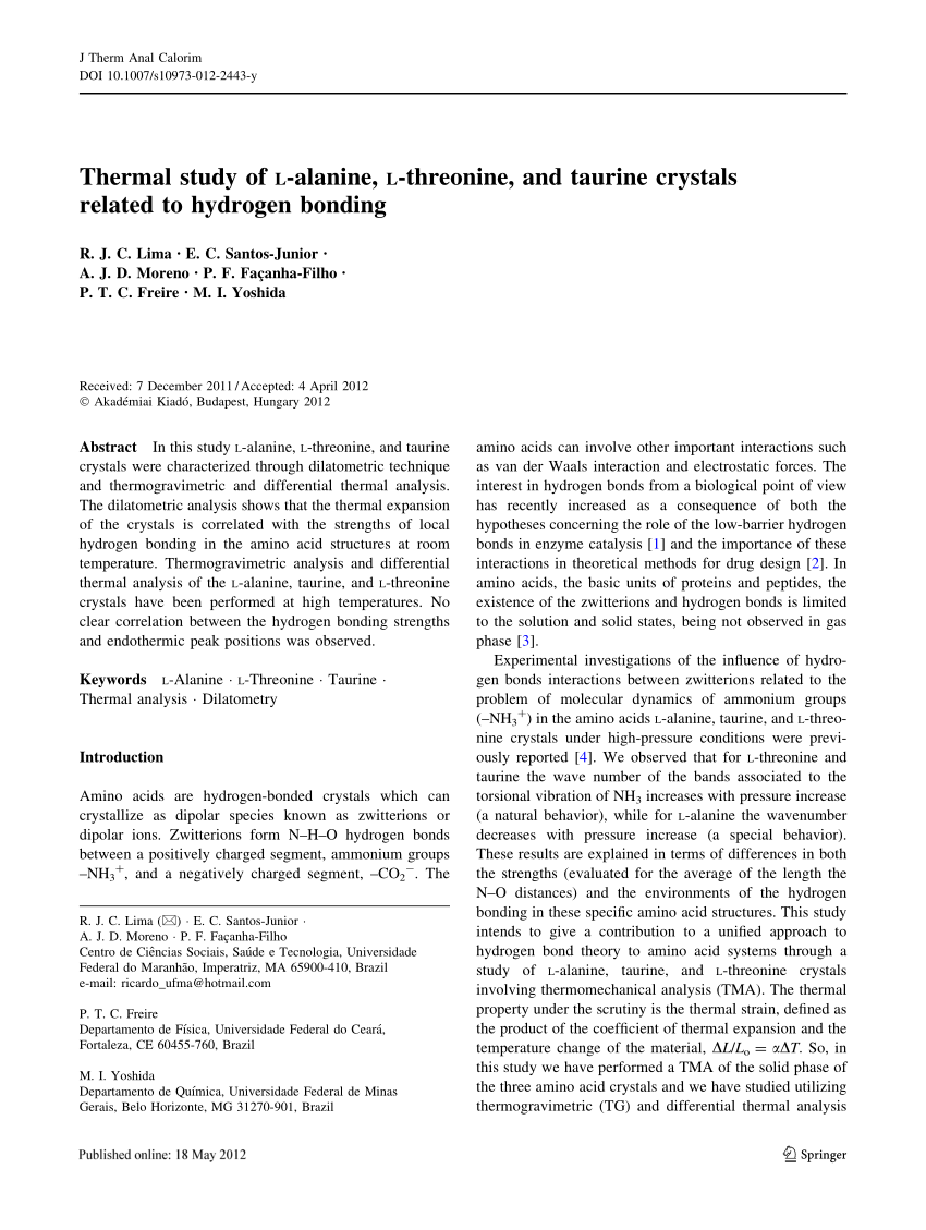 Pdf Thermal Study Of L Alanine L Threonine And Taurine Crystals Related To Hydrogen Bonding