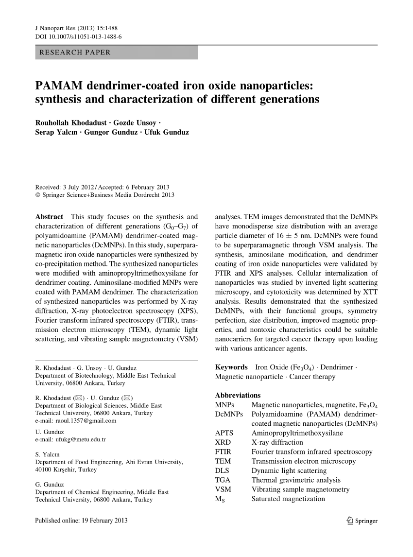 Pdf Pamam Dendrimer Coated Iron Oxide Nanoparticles Synthesis And Characterization Of Different Generations