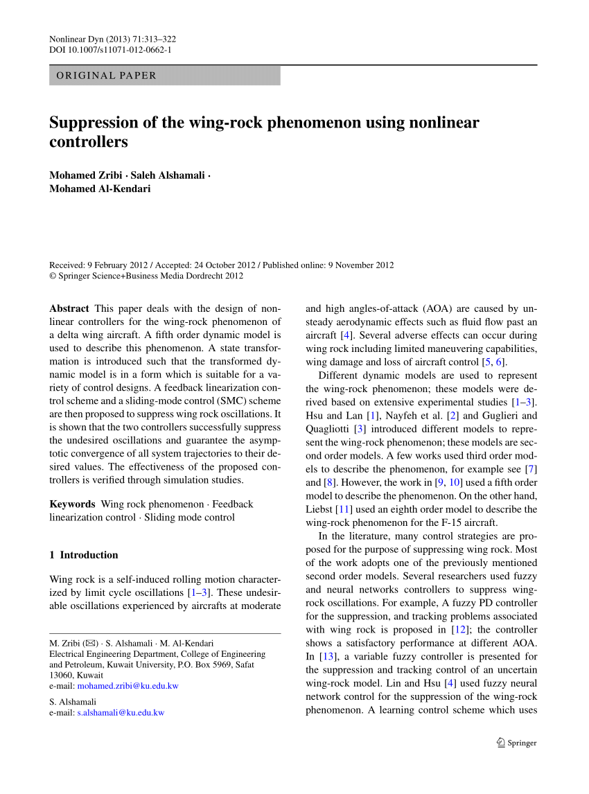 (PDF) Suppression of the wing-rock phenomenon using nonlinear controllers