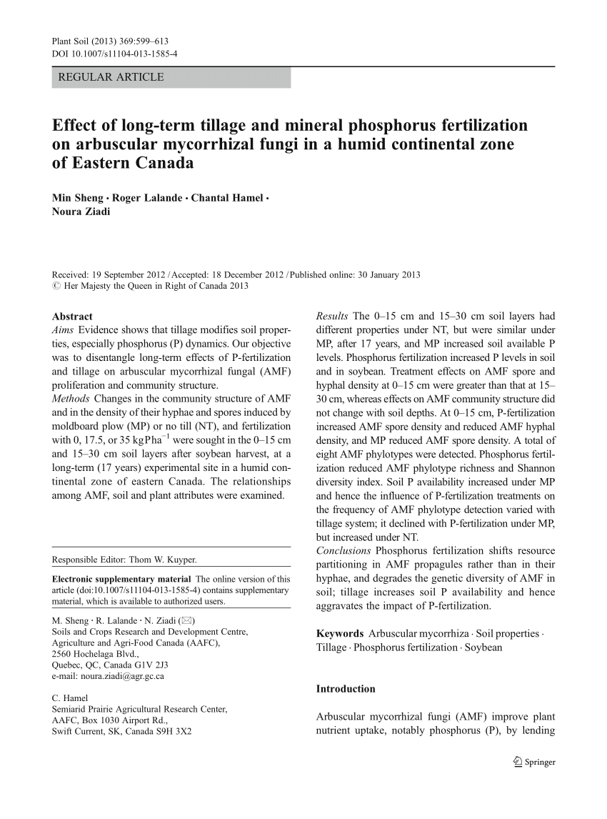 Pdf Effect Of Long Term Tillage And Mineral Phosphorus Fertilization On Arbuscular Mycorrhizal Fungi In A Humid Continental Zone Of Eastern Canada