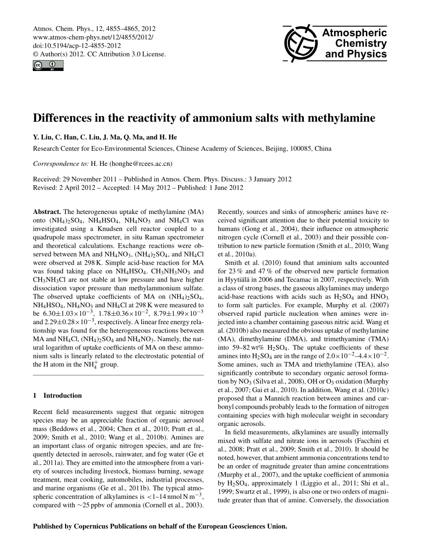 Pdf Differences In The Reactivity Of Ammonium Salts With Methylamine