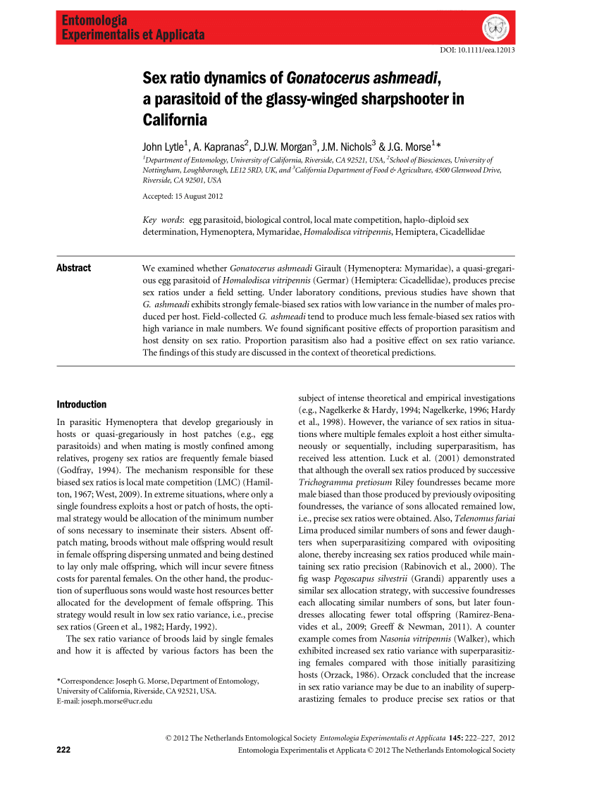 Pdf Sex Ratio Dynamics Of Gonatocerus Ashmeadi A Parasitoid Of The Glassy Winged Sharpshooter In California