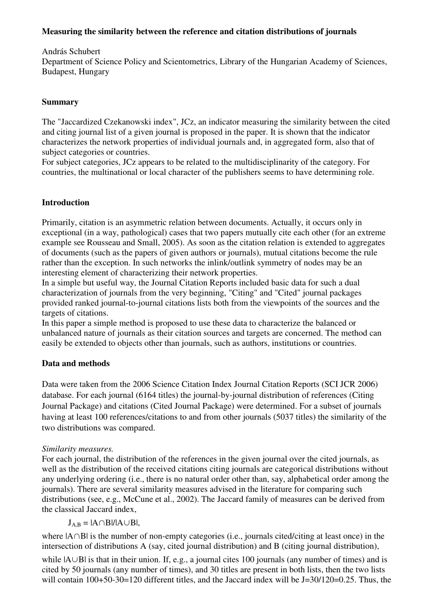 Pdf Measuring The Similarity Between The Reference And Citation Distributions Of Journals