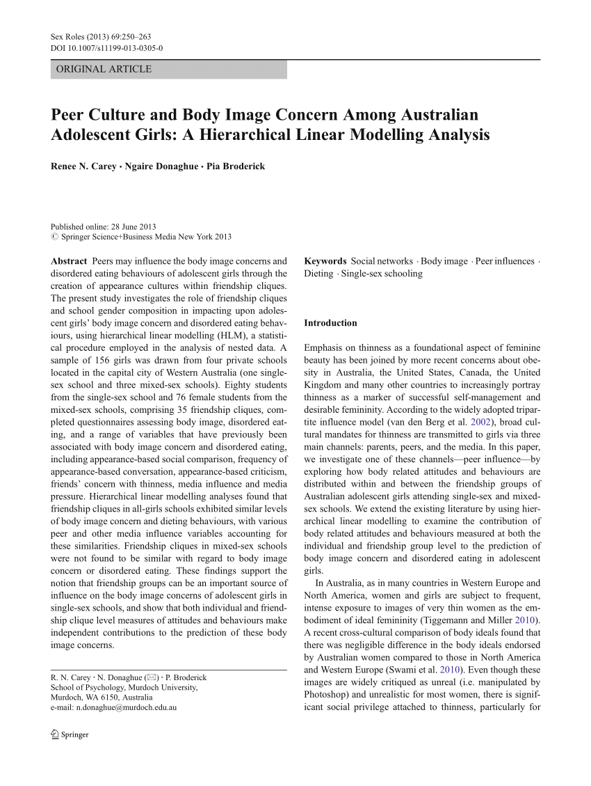 PDF) Peer Culture and Body Image Concern Among Australian Adolescent Girls:  A Hierarchical Linear Modelling Analysis