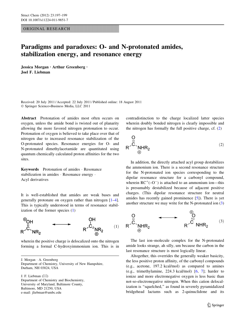 Pdf Paradigms And Paradoxes O And N Protonated Amides Stabilization Energy And Resonance Energy