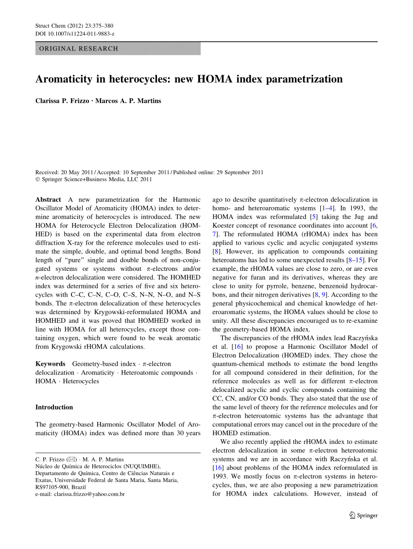 Pdf Aromaticity In Heterocycles New Homa Index Parametrization