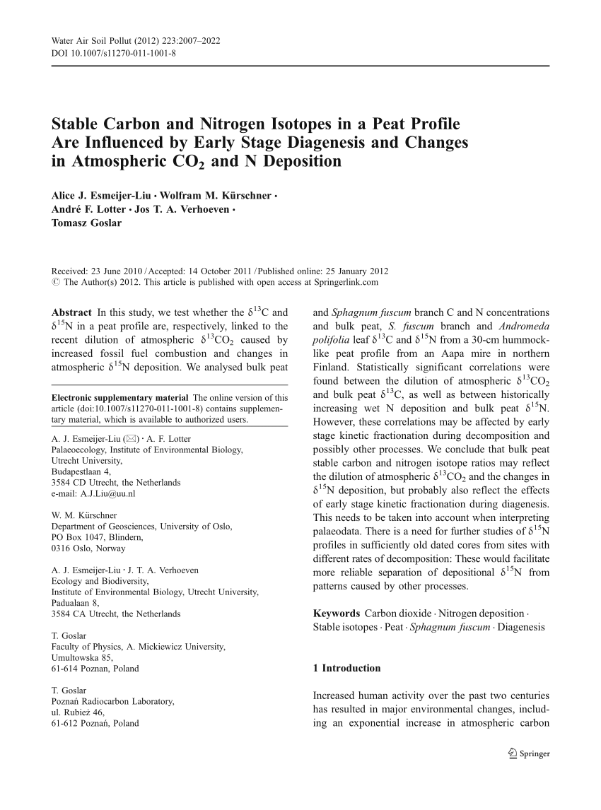 Pdf Stable Carbon And Nitrogen Isotopes In A Peat Profile Are Influenced By Early Stage Diagenesis And Changes In Atmospheric Co2 And N Deposition