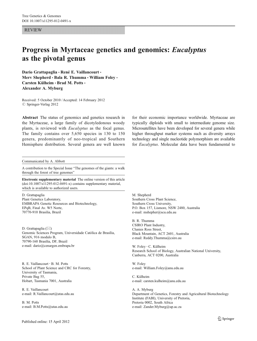 Pdf Progress In Myrtaceae Genetics And Genomics Eucalyptus As The Pivotal Genus