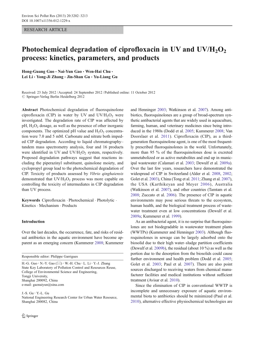 Pdf Photochemical Degradation Of Ciprofloxacin In Uv And Uv H2o2 Process Kinetics Parameters And Products