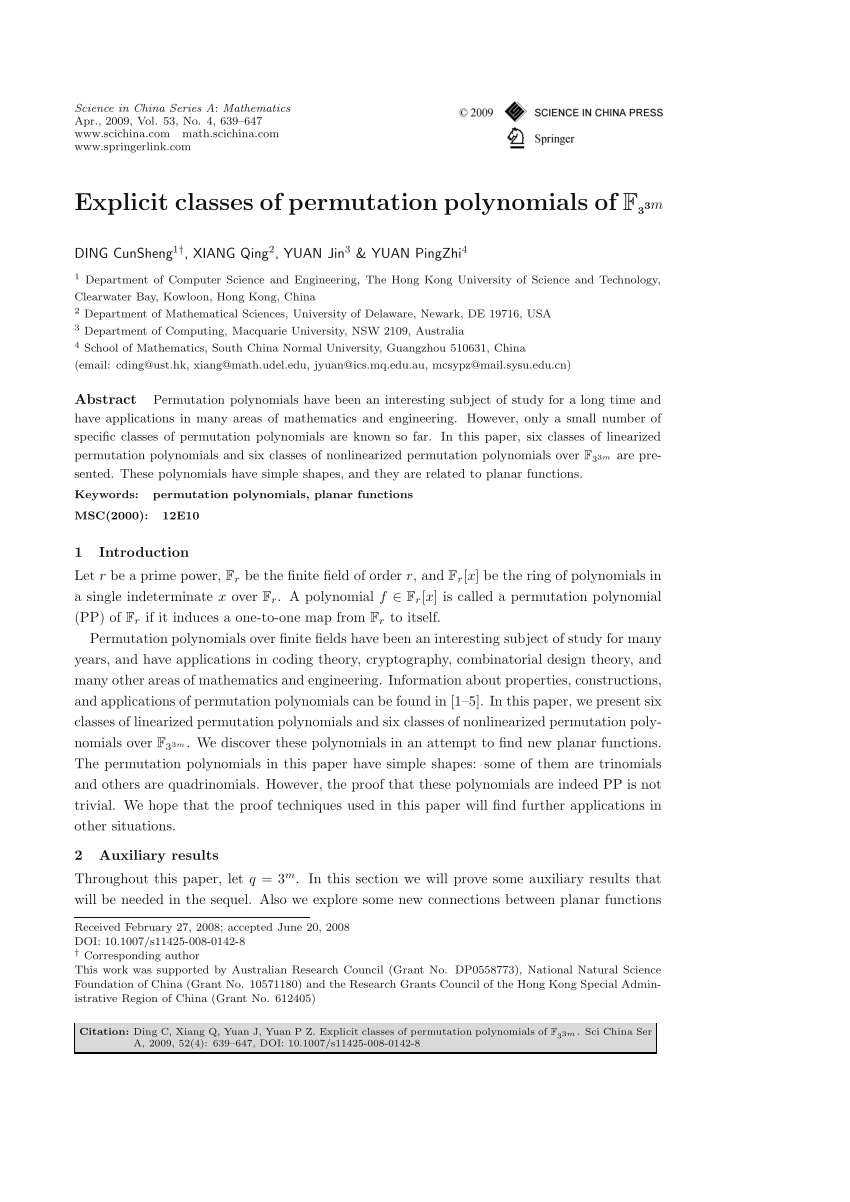 (PDF) Explicit classes of permutation polynomials of F3 3m