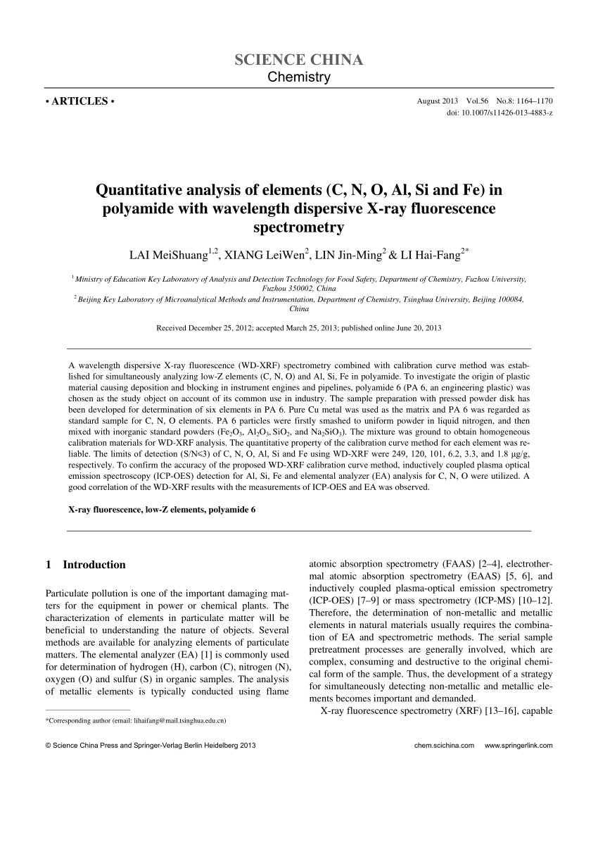 Pdf Quantitative Analysis Of Elements C N O Al Si And Fe In Polyamide With Wavelength Dispersive X Ray Fluorescence Spectrometry