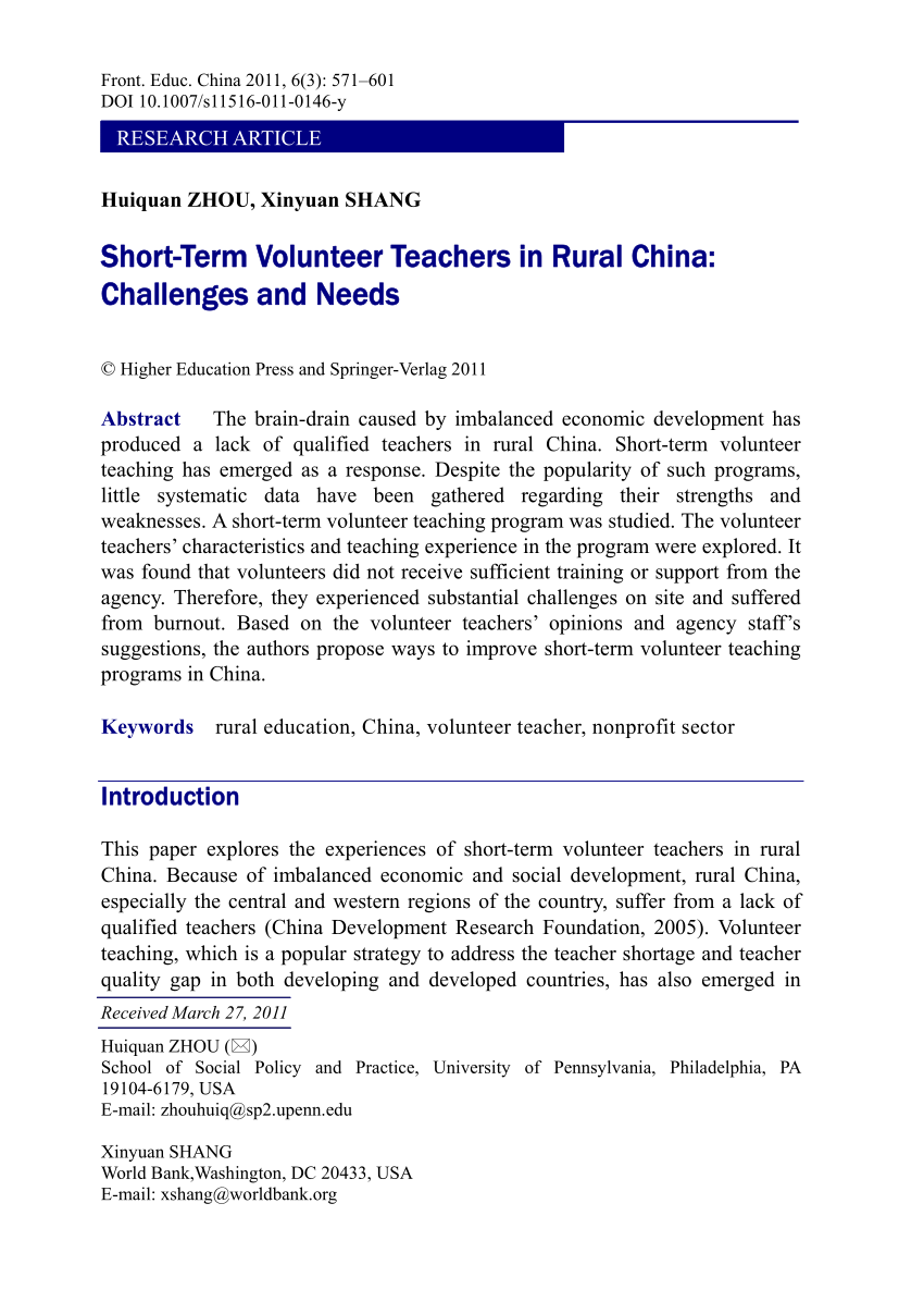 Pdf Short Term Volunteer Teachers In Rural China Challenges And