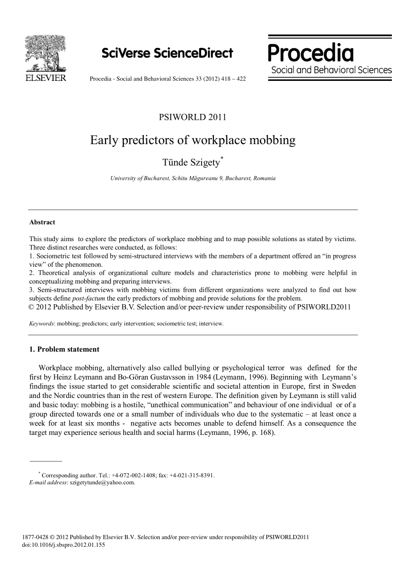 Pdf Early Predictors Of Workplace Mobbing