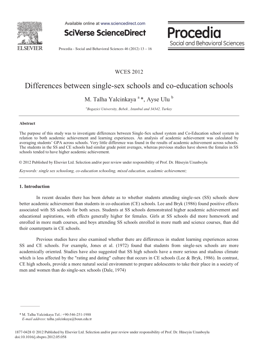 PDF) Differences Between Single-Sex Schools and Co-Education Schools