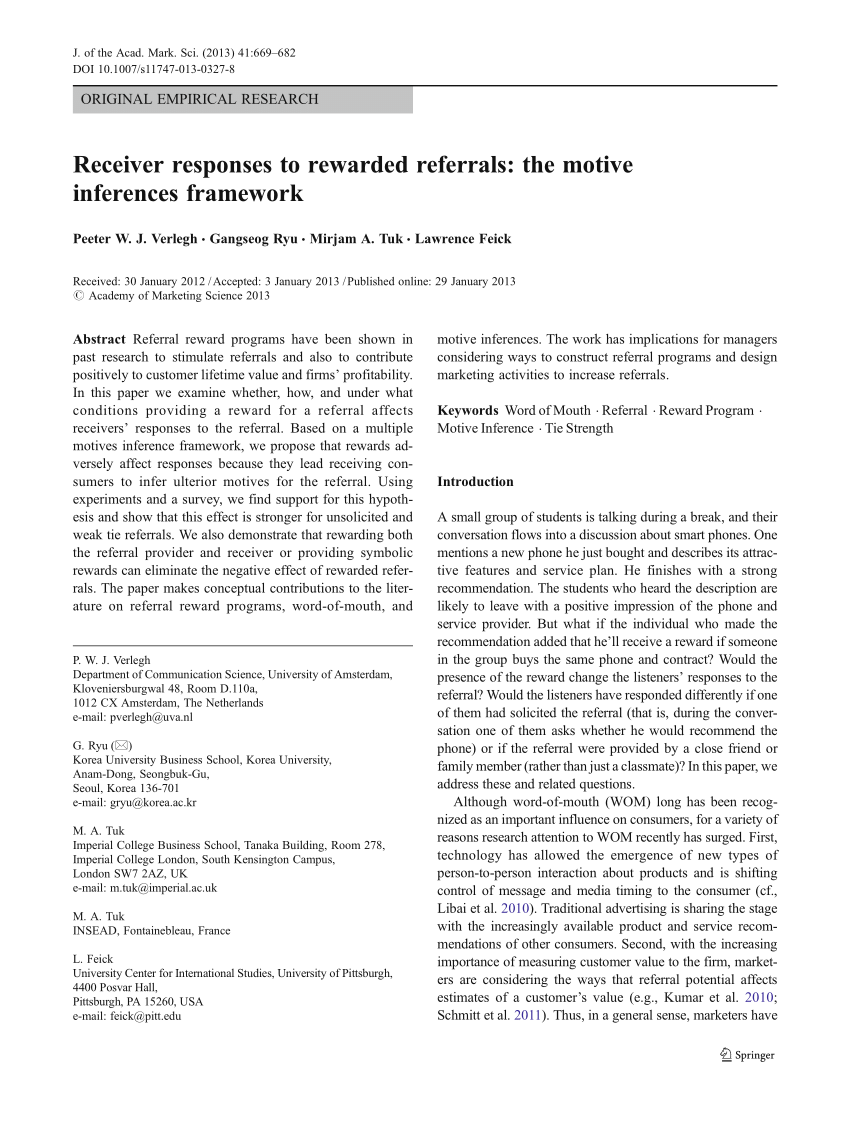Pdf Receiver Responses To Rewarded Referrals The Motive Inferences Framework