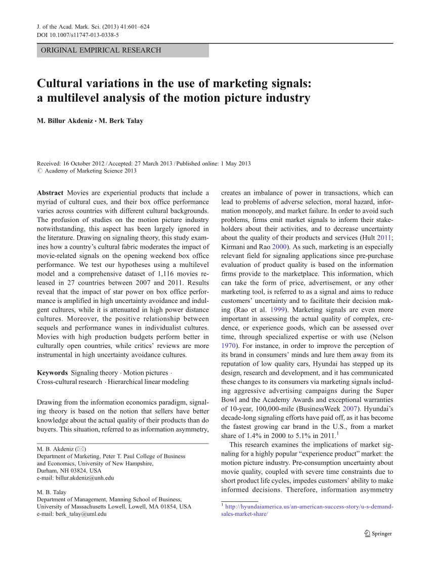 Pdf Cultural Variations In The Use Of Marketing Signals A Multilevel Analysis Of The Motion Picture Industry