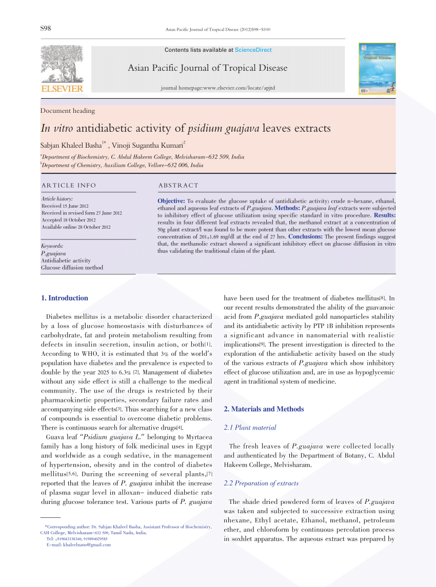 PDF In vitro antidiabetic activity of Psidium guajava leaves extracts