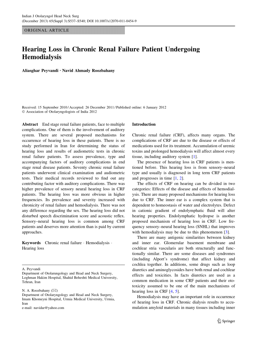 Pdf Hearing Loss In Chronic Renal Failure Patient Undergoing Hemodialysis