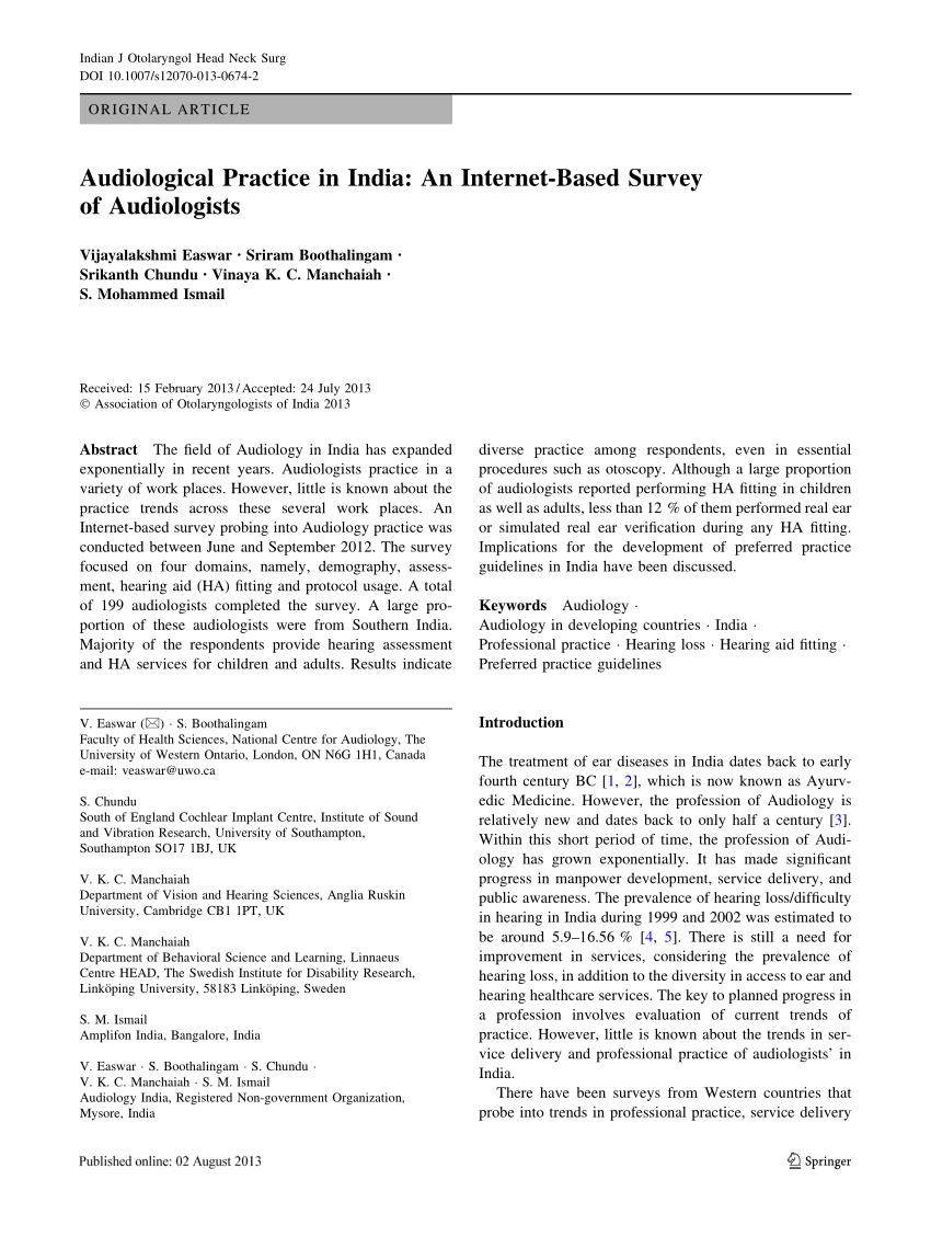 PDF) Audiological Practice in India: An Internet-Based Survey of 