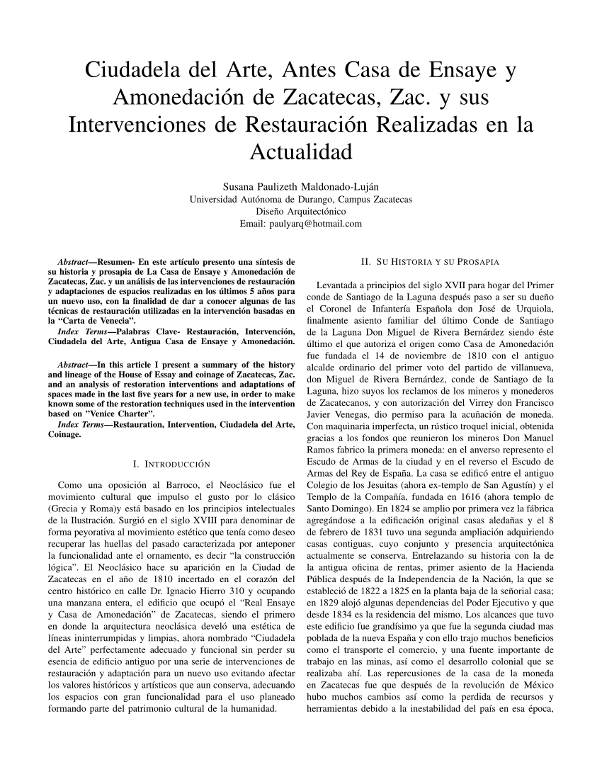 PDF) Ciudadela del Arte, Antes Casa de Ensaye y Amonedación de Zacatecas,  Zac. y sus Intervenciones de Restauración Realizadas en la Actualidad