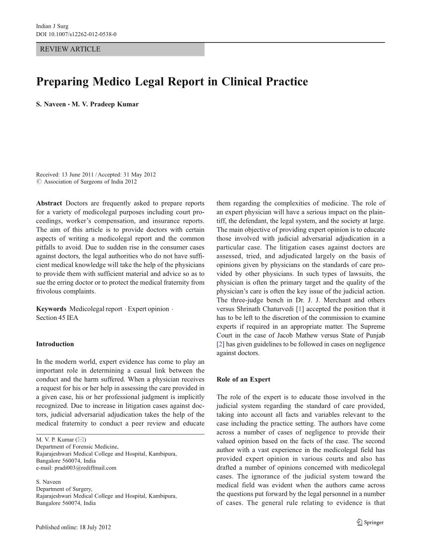 PDF) Preparing Medico Legal Report in Clinical Practice Regarding Medical Legal Report Template