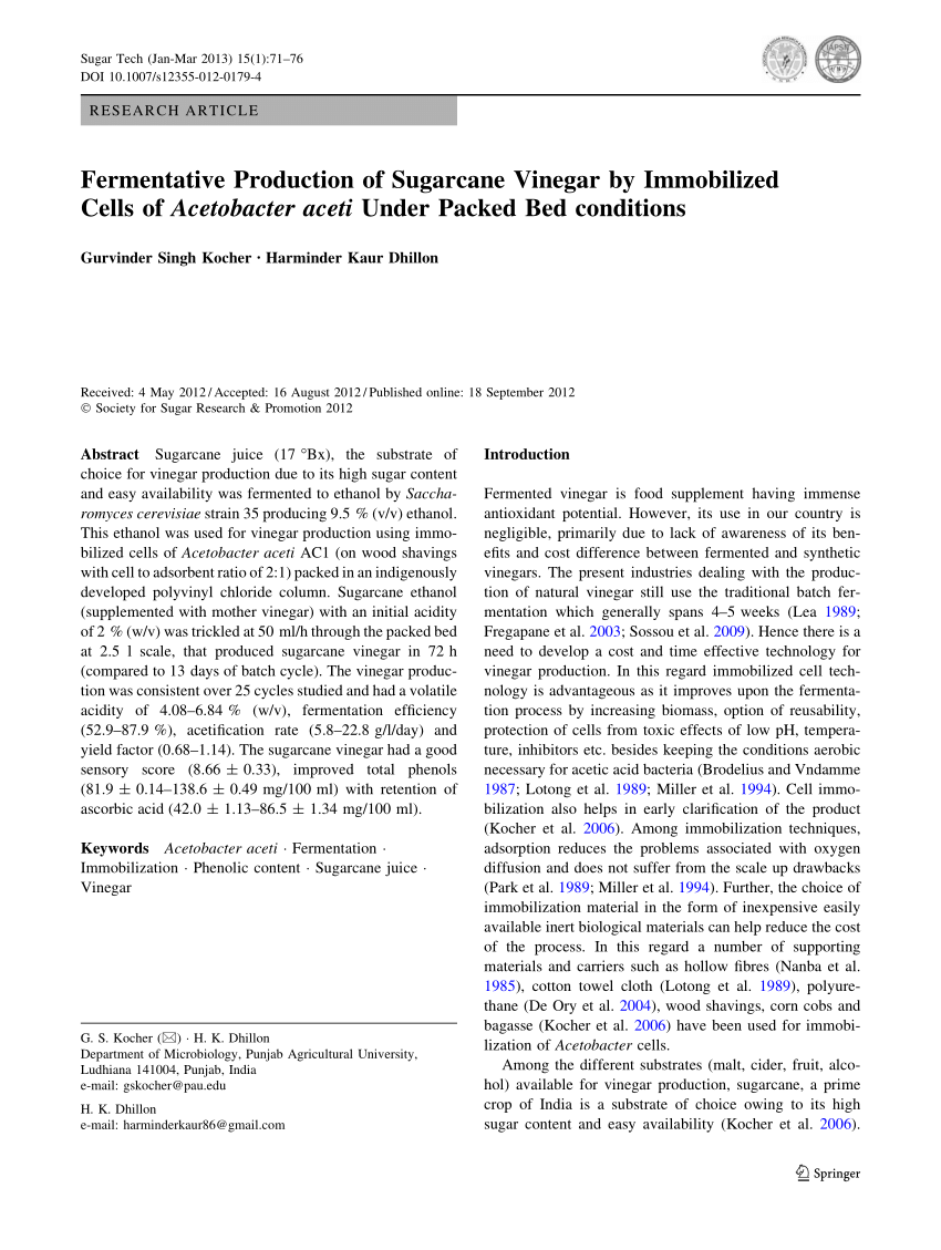 Pdf Fermentative Production Of Sugarcane Vinegar By Immobilized - 